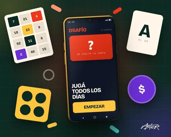 Dsafío en pantalla de celular, rodeado de piezas de juego: cartón de números, carta, dado y ficha de premio