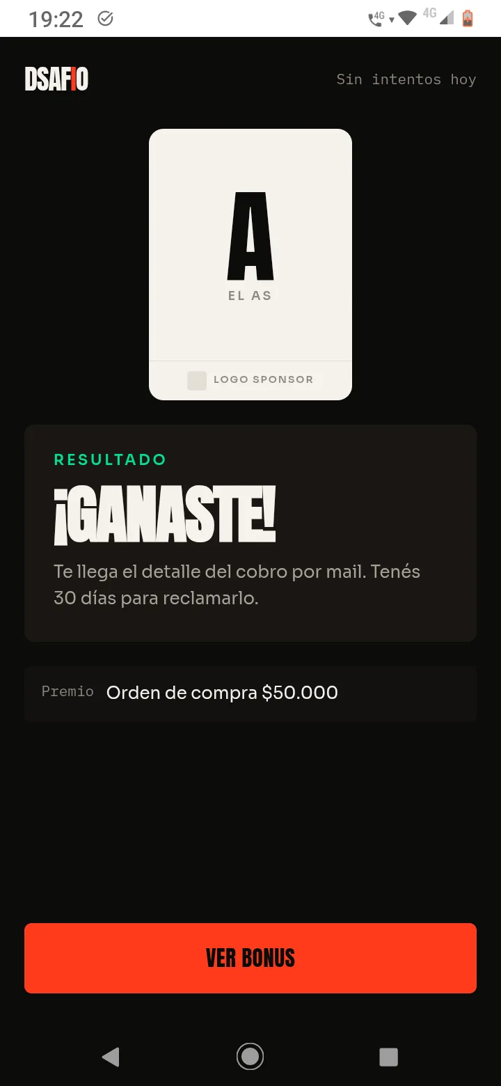 Pantalla de DSAFÍO con el momento ganador